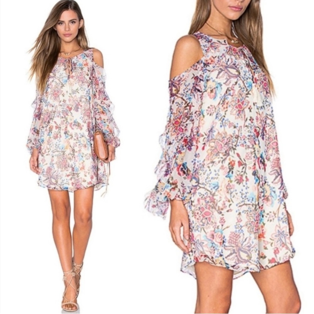 Haute Hippie Boho Floral Silk Sun Cold Shoulder Bella Coquette Mini Dress M